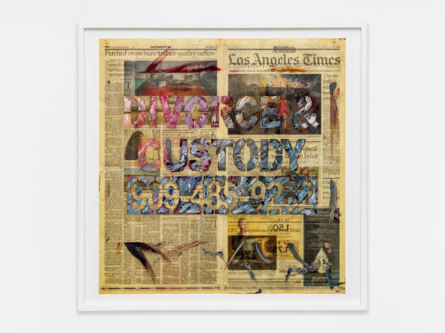 Walead Beshty
DIVORCE &amp;amp; CUSTODY 909-485-9282 [Los Angeles Times, Sunday 12 June 2022; Los Angeles, California]
2023
Oil pastel, oil, and staples on newspaper
25 5/8 x 25 5/8 x 1 3/4 inches (65.1 x 65.1 x 4.4 cm)