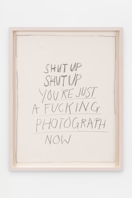 Jack Pierson
Shut Up Shut Up You&amp;#39;re Just a Fucking Photograph Now
1993
Graphite on paper
Framed Dimensions:
15 x 12 x 1 1/4 inches (38.1 x 30.5 x 3.2 cm)
Paper Dimensions:
11 x 14 inches (27.9 x 35.6 cm)
$10,000