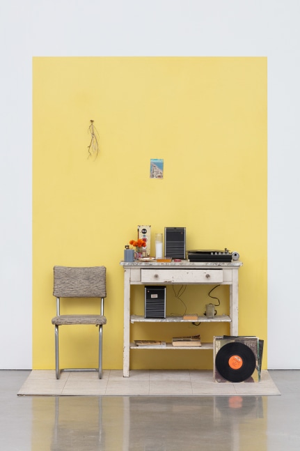 Jack Pierson
Diamond Life
1990
Table, chair, record player, record albums, books, ashtray, coffee cup, miscellaneous, linoleum flooring, and painted wall
96 x 60 x 48 inches (243.8 x 152.4 x 121.9 cm)