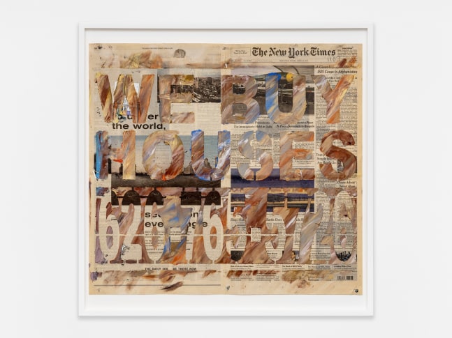 Walead Beshty
WE BUY HOUSES 626-765-5726 [The New York Times, Friday 14 April 2017; Los Angeles, California]
2023
Oil pastel, ink, prescription label and staples on newspaper
25 5/8 x 25 5/8 x 1 3/4 inches (65.1 x 65.1 x 4.4 cm)