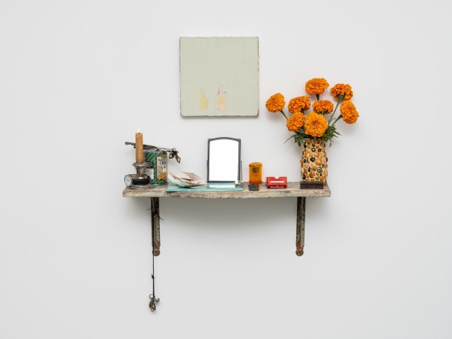 Jack Pierson
The Boat That I Row
1995
Wood shelf with metal brackets, mirror, vase, candle, painting by Siobhan Lidell, and miscellaneous items
34 x 23 1/2 x 9 1/2 inches (86.4 x 59.7 x 24.1 cm)
