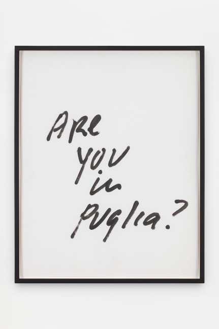Jack Pierson
Are You in Puglia?
2020
Krink marker on paper
Framed Dimensions:
25 1/4 x 20 1/4 x 1 1/2 inches (64.1 x 51.4 x 3.8 cm)
Paper Dimensions:
24 x 19 inches (61 x 48.3 cm)
$6,000
