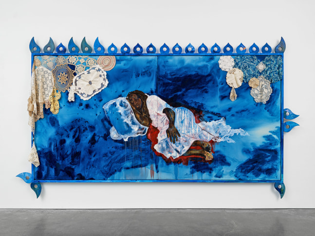 Alberta Whittle
Genealogies of Chosen Family (Traician Meikle)
2024
Acrylic with water from the Osun River, Nigeria, on canvas, painted wooden frame with fretwork and lace doilies
Two parts, each canvas approx:
58 5/8 x 58 5/8 x 1 1/8 inches (149 x 149 x 2.8 cm)