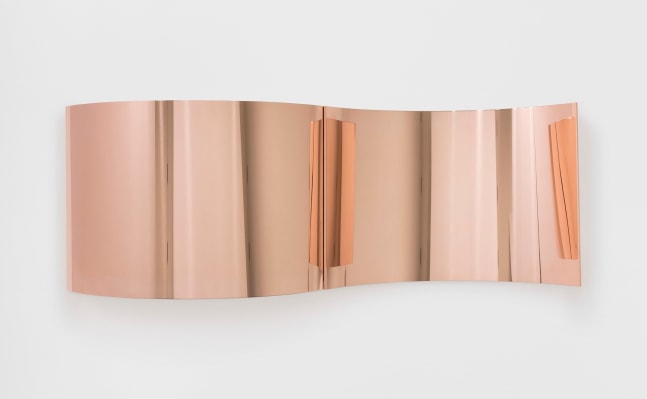 Copper Surrogates (48&amp;rdquo; x 120&amp;rdquo; 48 ounce C11000 Copper Alloy, Convex Curve / 48&amp;rdquo; x 120&amp;rdquo; 48 ounce C11000 Copper Alloy, Concave Curve: February 12/18, 2019, Los Angeles, California; January 13&amp;ndash;17, 2020, Winterthur, Switzerland)
2019&amp;ndash;
Polished copper, 2 parts
Diptych,
Concave Dimensions:
24 x 33 x 9 inches (61 x 83.8 x 22.9 cm)
Convex Dimensions:
24 x 33 x 17 inches (61 x 83.8 x 43.2 cm)