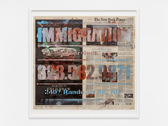 Walead Beshty
IMMIGRATION Services 323.582.9871 2407 Randolph st., HP [The New York Times, Sunday 16 April 2017; Los Angeles, California]
2023
Oil pastel and staples on newspaper
25 5/8 x 25 5/8 x 1 3/4 inches (65.1 x 65.1 x 4.4 cm)