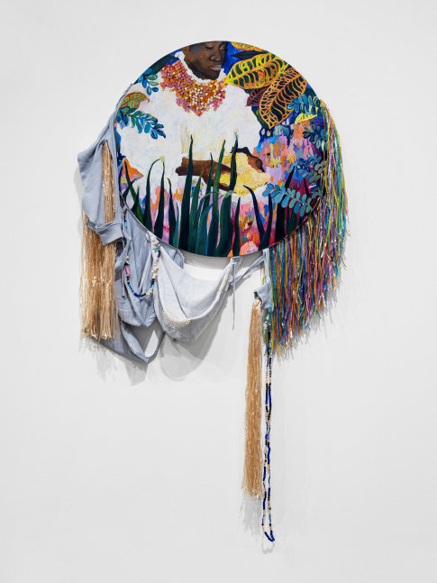 Alberta Whittle
Placing Offerings Below the Soil
2024
Acrylic with water from the Osun River, Nigeria, on canvas, hooded sweatshirts, raffia, lace doilies, Cowrie shells and pony beads
46 1/2 x 40 1/8 x 2 3/4 inches (118.1 x 101.9 x 7 cm)