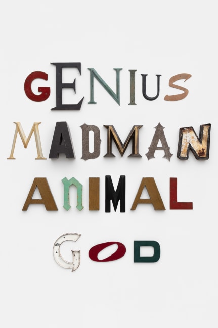 Jack Pierson
Genius Madman Animal God
2020
Card stock, enamel, glitter, masonite, metal and wood
78 1/2 x 77 1/2 x 5 1/4 inches (199.4 x 196.9 x 13.3 cm)
$200,000