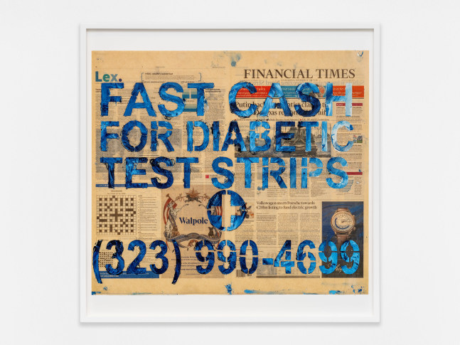 Walead Beshty
FAST CASH FOR DIABETIC TEST STRIPS (323) 990-4699 [Financial Times, Wednesday 23 February 2022; Los Angeles, California]
2023
Oil pastel on newspaper
25 5/8 x 25 5/8 x 1 3/4 inches (65.1 x 65.1 x 4.4 cm)