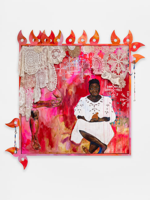 Alberta Whittle
Genealogies of Chosen Family (Blessing Amos aka Precious)
2024
Acrylic with water from the Osun River, Nigeria, on canvas, painted wooden frame with fretwork and lace doilies
68 7/8 x 62 1/4 x 3 1/8 inches (174.9 x 158.1 x 7.9 cm)