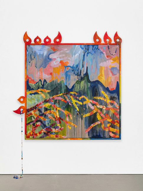 Alberta Whittle
Red Sky at Night, Shepherd&amp;#39;s Delight
2024
Acrylic with water from the Osun River, Nigeria, on linen, painted wooden frame with fretwork
68 7/8 x 63 x 2 3/8 inches (175 x 160 x 6 cm)