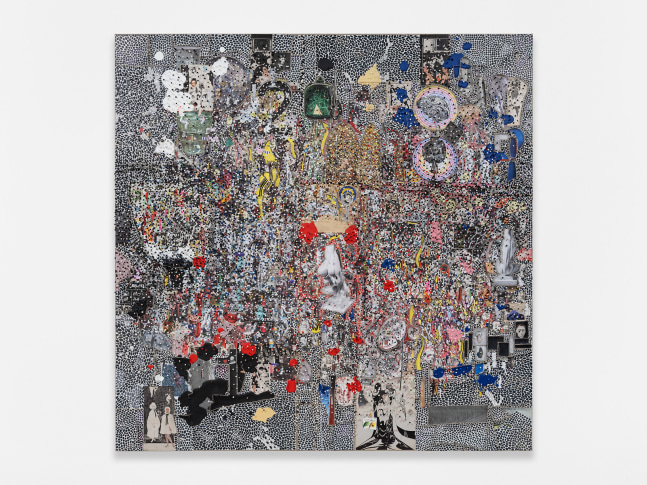 Elliott Hundley
2.2.24.1
2024
Colored pencil, encaustic, polymer clay, paper, fabric, plastic, and pins on linen over panel
72 1/2 x 72 1/4 x 5 1/4 inches (184.2 x 183.5 x 13.3 cm)