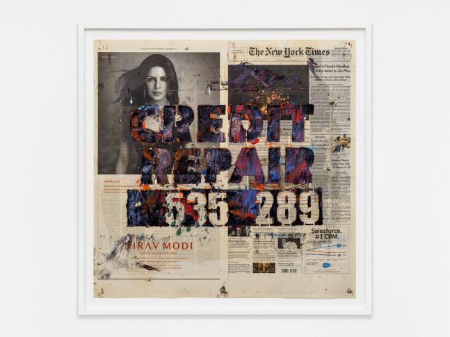 Walead Beshty
CREDIT REPAIR (323) 535.7289 [The New York Times, Wednesday 15 November 2017; Los Angeles, California]
2023
Oil pastel and staples on newspaper
25 5/8 x 25 5/8 x 1 3/4 inches (65.1 x 65.1 x 4.4 cm)