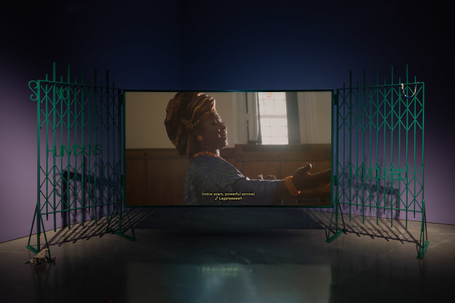 Alberta Whittle
Lagareh &amp;mdash; The Last Born
2022
Single channel video, steel gates, purpose-built screen, custom made seats as punctuation, and various materials: conch shell, cowrie shells &amp;amp; glass beads
TRT: 42 minutes 39 seconds
Dimensions variable