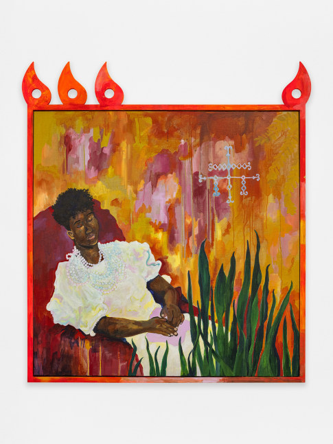 Alberta Whittle
Genealogies of Chosen Family (Rue Cooper)
2024
Acrylic with water from the Osun River, Nigeria, on linen, painted wooden frame with fretwork
57 1/4 x 51 5/8 x 2 3/8 inches (145.4 x 131.1 x 6 cm)