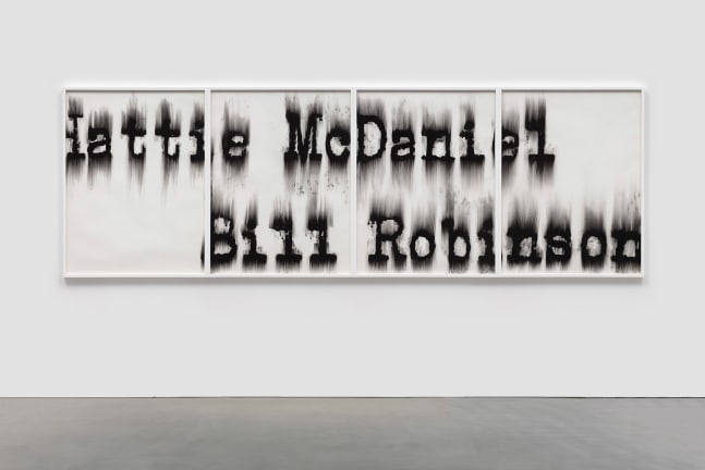 Gary Simmons
Hattie Bill
2017
Paint and chalk on paper

Paper Dimensions, each:&amp;nbsp;48 1/4 x 36 3/8 inches (122.6 x 92.4 cm)
Framed Dimensions, each:&amp;nbsp;49 1/8 x 37 1/2 x 2 inches (124.8 x 95.3 x 5.1 cm)
Framed Dimensions Overall:&amp;nbsp;49 1/8 x 150 x 2 inches (124.8 x 381 x 5.1 cm)

$95,000

DOUBLE CLICK IMAGE FOR MORE VIEWS