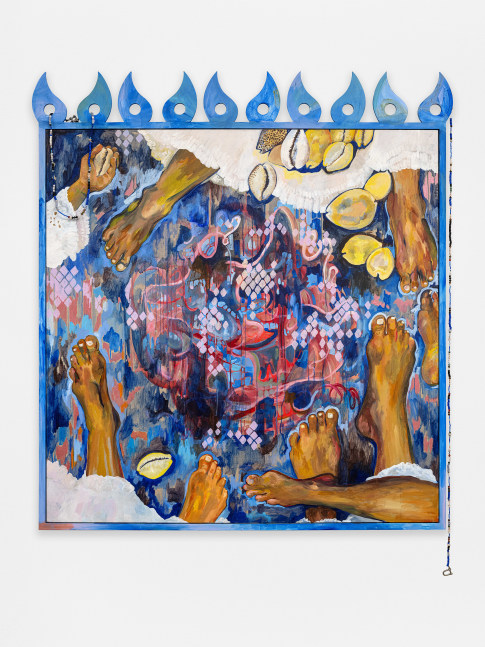 Alberta Whittle
After wiping my tears, they untied my burdens and set them free
2024
Acrylic with water from the Osun River, Nigeria, on linen, painted wooden frame with fretwork
68 7/8 x 63 x 2 3/8 inches (174.9 x 160 x 6 cm)