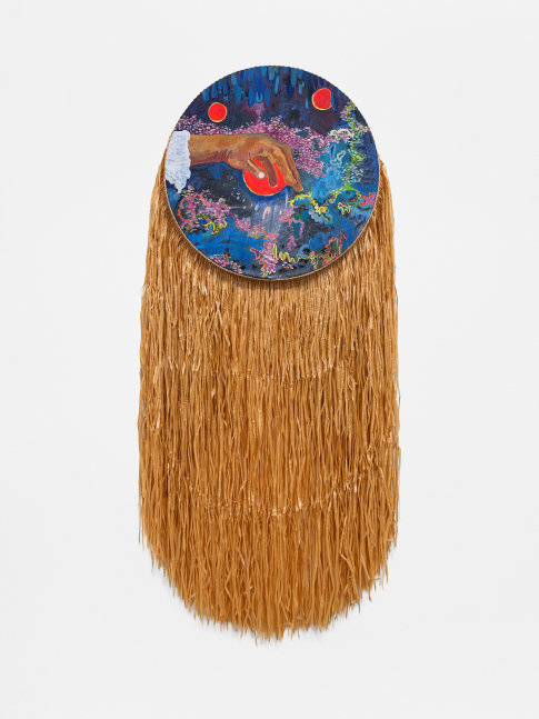 Alberta Whittle
Three moons in Oshogba
2024
Acrylic with water from the Osun River, Nigeria, and raffia on canvas
43 1/4 x 22 7/8 x 2 3/4 inches (110 x 58 x 7 cm)