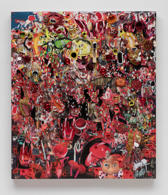 Elliott Hundley
Every Tone
2017
Paper, oil, pins, fabric, glass, lotus, plastic, ceramic, metal, shell, foam and linen on panel
60 1/4 x 52 1/4 x 7 inches (154 x 133 x 18 cm)