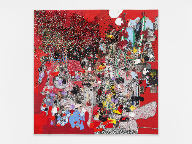 Elliott Hundley
14.5.24.1
2024
Encaustic, polymer clay, paper, pins, colored pencil, plastic, oil, linen, and foam on panel
48 1/2 x 48 1/4 x 5 1/2 inches (123.2 x 122.6 x 14 cm)