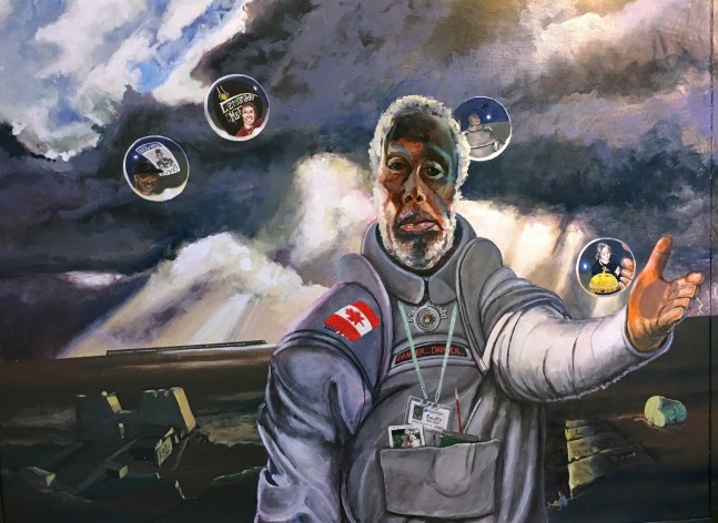 Jim Adams
Nubian Express / Exploration (The Artist Explores his Life), 2019
Acrylic on canvas, hand-painted artist frame
31.5&amp;nbsp;x 41.5 in.