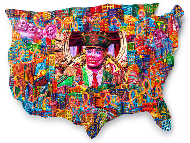 Federico Solmi
The Machiavellian Ones, 2019
Acrylic paint and gold leaf on plexiglass, LED screen, video
29 x 22 x 3 in&amp;nbsp;(73.7 x 55.9 x 7.6 cm)
03:34 min video loop&amp;nbsp;
FS10385