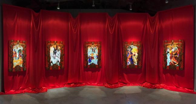 Federico Solmi
The Ballroom, 2016
Installation of five video paintings with crimson curtains/set&amp;nbsp;
Acrylic paint and gold leaf on plexiglass, fabric, painted frames, LED screens, video loops
156 x 384 in&amp;nbsp; (396.2 x 975.4 cm) Installation
FS6040