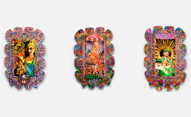 Federico Solmi
The Idolized Detractors, 2019
The Golden Gift,&amp;nbsp;2019
The Drunken Boat,&amp;nbsp;2019
Acrylic paint and gold leaf on plexiglass, LCD screen,

and video loop
69 x 44.75 x 3.75 in. each (172.7 x 113.7 x 9.5 cm each)
FS10655

&amp;nbsp;