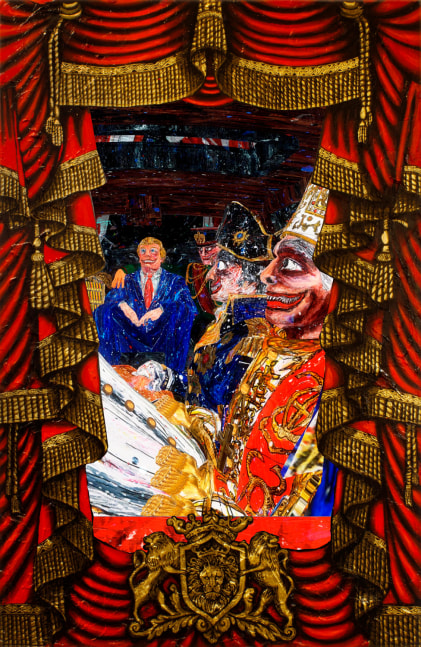 Federico Solmi
The Schemers, 2017
Acrylic paint and gold leaf on plexiglass, Led screen, 2:23 minute video loop
58 x 38 in&amp;nbsp; (147.3 x 96.5 cm)
FS6044