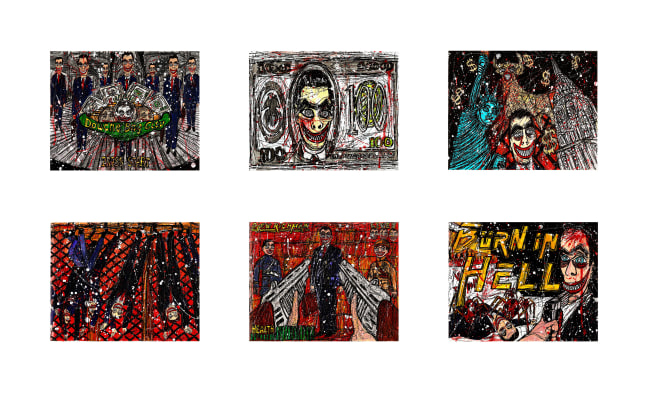 Federico Solmi
Douche Bag City,&amp;nbsp;2006-10
Acrylic on paper, mounted on panel
Six paintings, 8 x 10 in&amp;nbsp;(20.3 x 25.4 cm)
30.75 x 47.75 in&amp;nbsp;(78.1 x 121.3 cm) Framed
FS308