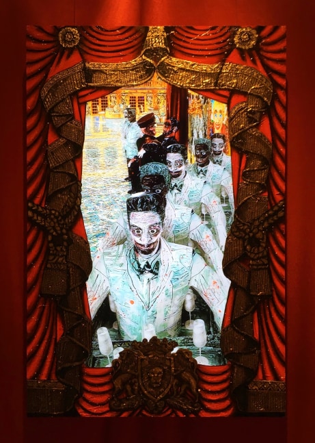 Federico Solmi
The Ballroom: The Gathering, 2016
LED monitor, animated video, sound,wood, acrylic, gold leaf, plexiglas
52 x 34 in&amp;nbsp; (132.1 x 86.4 cm)
FS1653