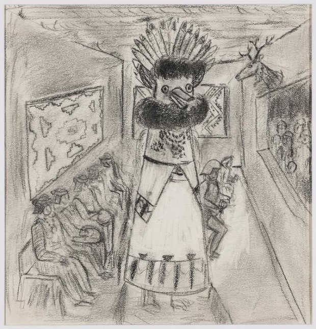 Shalako Dance, Zuni, c. 1920s, graphite and charcoal on paper, 12 x 11 1/2 inches, NP66-263