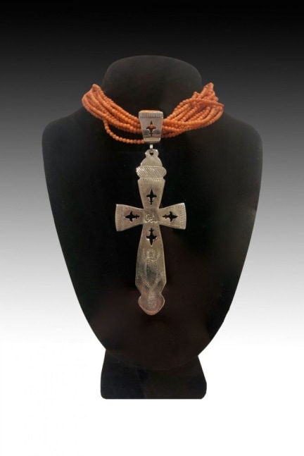 &amp;nbsp;

Coral&amp;nbsp;and Silver Necklace with Spiney Oyster Shell Clasps, d. 1991, with&amp;nbsp;French-Canadian Fur Trader&amp;#39;s Cross, c. 1800s,&amp;nbsp;OC353-5