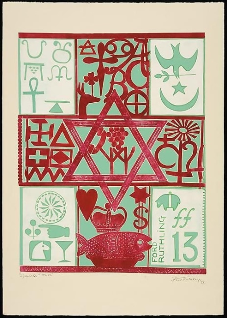 Symbols, ed. no.&amp;nbsp;15, d. 1991, embossed painting, 40 x 30 inches