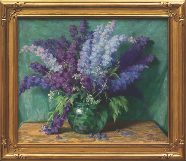Joseph Henry Sharp&amp;nbsp;(1859&amp;ndash;1957)&amp;nbsp;Delphiniums, c.1940, oil on canvas,&amp;nbsp;25 x 30&amp;nbsp;inches