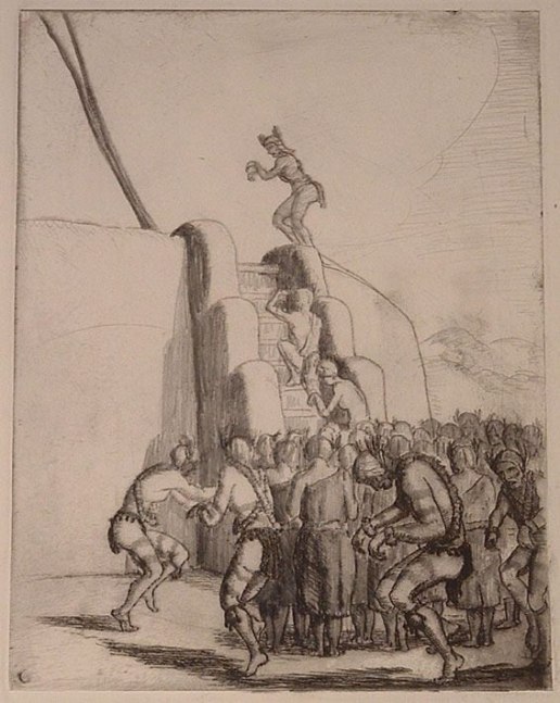 Koshare Kiva Dancers, etching and graphite on paper, 9-1/2 x 7-3/8 inches, NP66-387-B