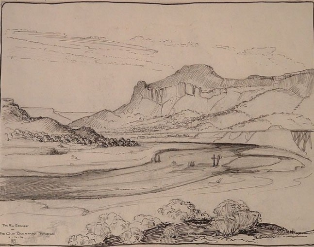 The Rio Grande at the Old Buckman Bridge, d. 1930, graphite, pen and ink on paper, 7 x 9 inches, NP66-182