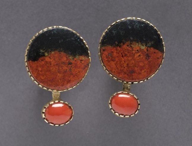 Earrings, d. 2020,&amp;nbsp;Sonoran cuprite and coral post, 1-1/4 x 7/8 inches each,&amp;nbsp;OC311-112