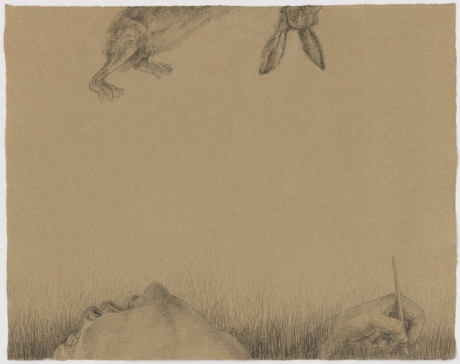 A drawing with the artist looking up towards a rabbit above