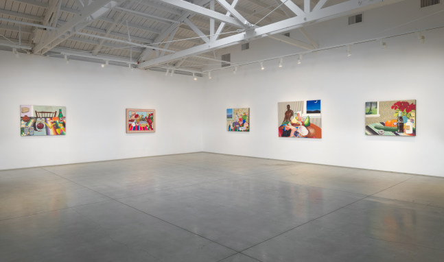 An installation image of Joey Terrill's show 'Still Here' featuring five of his still life works.