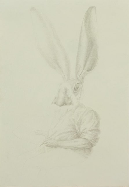A drawing of a rabbit in men's clothes