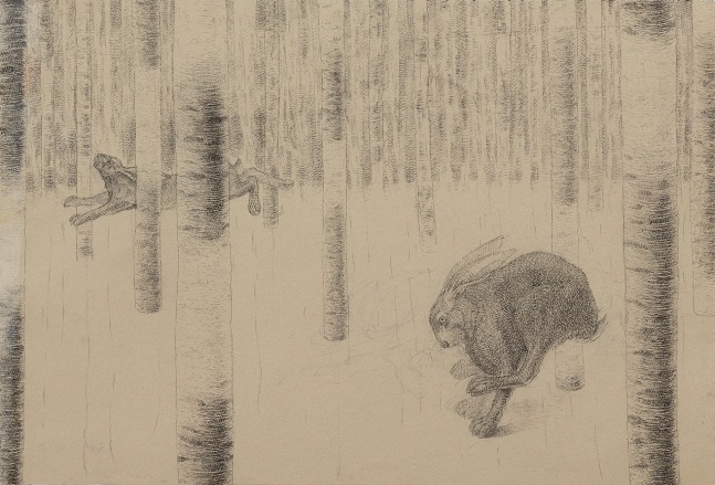 A drawing of a hare running in the woods