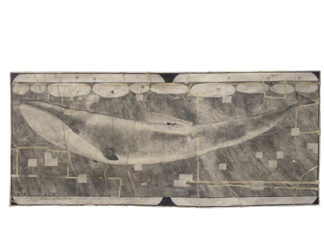 A large drawing featuring a whale