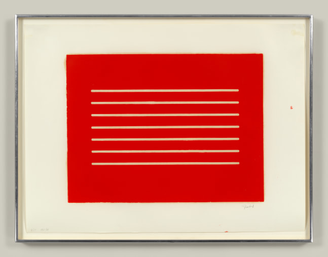 Donald Judd
Untitled, 1961-79&amp;nbsp;
Woodcut in cadmium red on offset paper&amp;nbsp;
15 x 20 1/4 inches, image&amp;nbsp;
21 1/2 x 29 3/4 inches, sheet&amp;nbsp;
Edition of 25&amp;nbsp;

Schellmann 30&amp;nbsp;