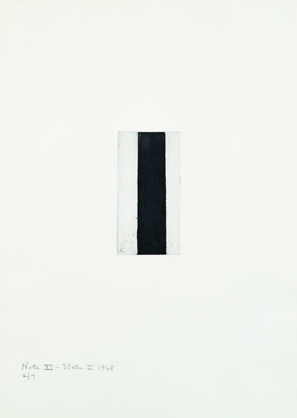Barnett Newman

Note XI (State I), 1968

Etching, printed in black on Italia white wove paper

5 15/16 x 2 15/16 inches, Plate

19 7/8 x 14 inches, Sheet

Edition of 7

Private Collection
