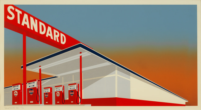 Ed Ruscha (b. 1937)
Standard Station, 1966
Color screenprint on commercial buff paper
25 5/8 x 40 inches, sheet
Edition of 50
Signed, dated, and numbered lower left recto: Ed Ruscha 1966