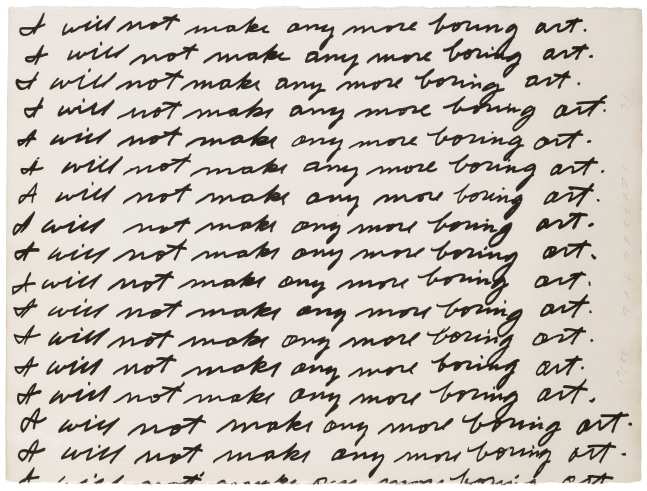 John Baldessari (1931-2020)
I will not make any more boring art, 1971
Lithograph
22 1/2 x 30 1/8 inches
Edition of 50
Signed, dated, and numbered right edge recto: BALDESSARI 71