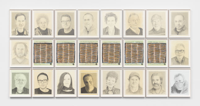 Phong Bui

Symphony #5 (for Brian O&amp;#39;Doherty),&amp;nbsp;2022

Portraits: Pencil on paper

16 1/2 x 12 3/4 inches each, framed

Meditation paintings: gouache, watercolor and pencil on paper

16 1/2 x 12 3/4 inches each, framed

50 1/2 x 65 3/4 inches, overall