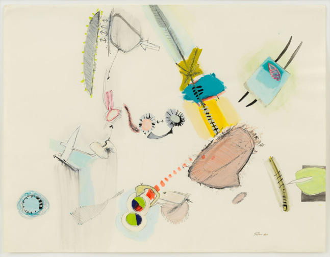 Eva Hesse (1936-1970)
Untitled, 1964
Gouache, watercolor, ink, pencil, and collage
19 5/8 x 25 9/16 inches
Signed and dated lower right recto: E. Hesse 1964
Inscribed with work number on verso: FDX-D 877 / DKD 102 / 145