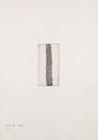 Barnett Newman

Note IV, 1968

Etching, printed in black on Italia white wove paper

5 15/16 x 2 15/16 inches, Plate

19 7/8 x 14 inches, Sheet

Edition of 7

Private Collection