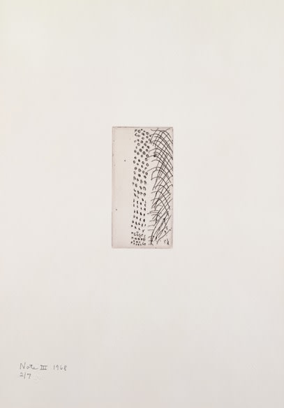 Barnett Newman

Note III, 1968

Etching, printed in black on Italia white wove paper

5 15/16 x 2 15/16 inches, Plate

19 7/8 x 14 inches, Sheet

Edition of 7

Private Collection